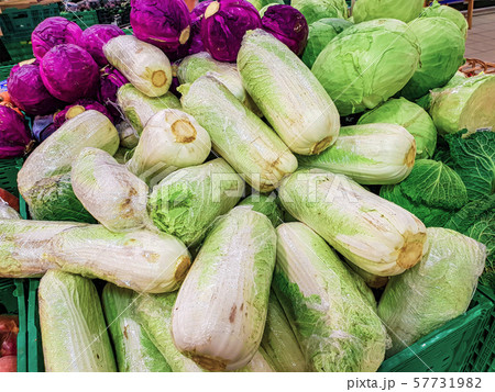 Variety of green vegetables in a supermarket. Consumption of green vegetables has increased in 57731982