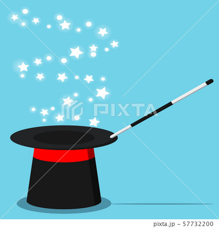 Vector flat design cartoon style illustration magic black hat with magic wand and magical glow stars Vector flat design cartoon style illustration magic black hat with magic wand and magical glow stars 57732200