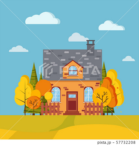 Autumn landscape background with trees, spruces, fields, fences, rural brick cartoon house with 57732208