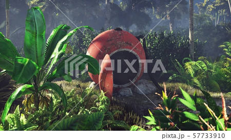 Wrecked space capsule lies in the jungle in the middle of palm trees and tropical vegetation. 3D Wrecked space capsule lies in the jungle in the middle of palm trees and tropical vegetation. 3D 57733910