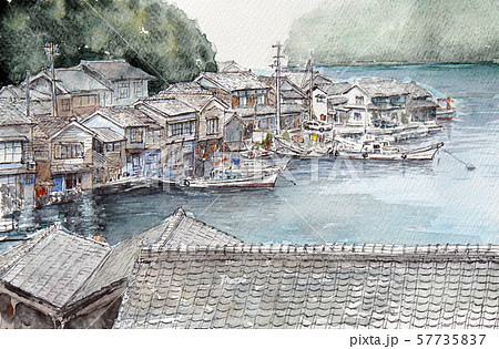 伊根の舟屋は京丹後の観光地です。手書きイラストで作成しました。の ...