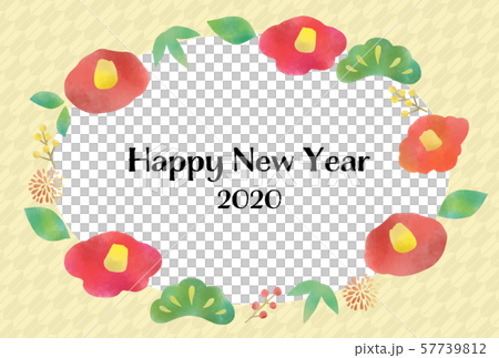 新年賀卡2020水彩紋理山茶花插圖框架 57739812
