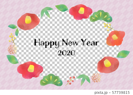 新年賀卡2020水彩紋理山茶花插圖框架 57739815