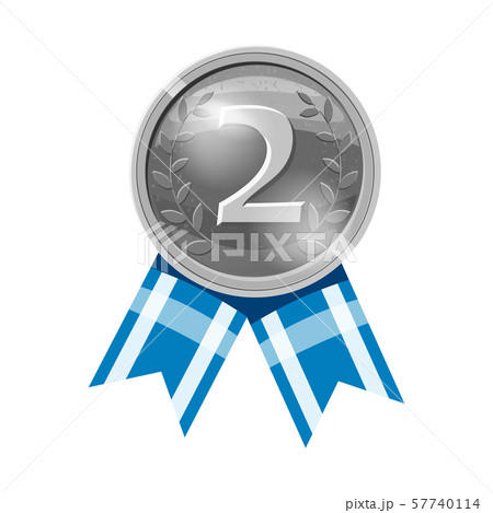 Silver medal blue ribbon with relief detail. Silver medal for second place. Cartoon realistic icon 57740114