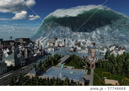 Tsunami wave apocalyptic water view urban flood Storm. 3D illustration 57746668