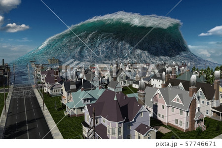 Tsunami wave apocalyptic water view urban flood Storm. 3D illustration Tsunami wave apocalyptic water view urban flood Storm. 3D illustration 57746671