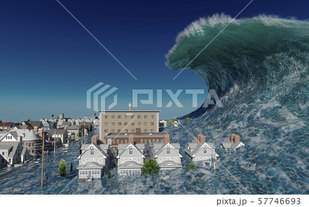 Tsunami wave apocalyptic water view urban flood Storm. 3D illustration Tsunami wave apocalyptic water view urban flood Storm. 3D illustration 57746693