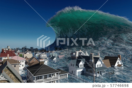 Tsunami wave apocalyptic water view urban flood Storm. 3D illustration Tsunami wave apocalyptic water view urban flood Storm. 3D illustration 57746698