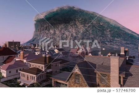 Tsunami wave apocalyptic water view urban flood Storm. 3D illustration Tsunami wave apocalyptic water view urban flood Storm. 3D illustration 57746700
