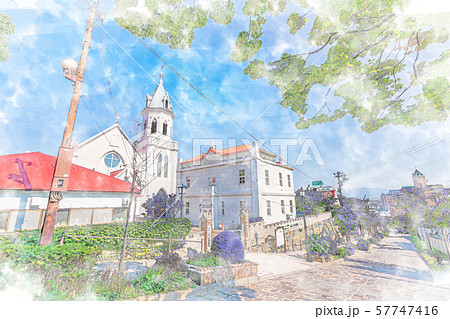 北海道の夏の風景 函館 カトリック元町教会のイラスト素材 [57747416 