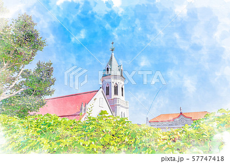 北海道の夏の風景 函館 カトリック元町教会のイラスト素材 [57747418
