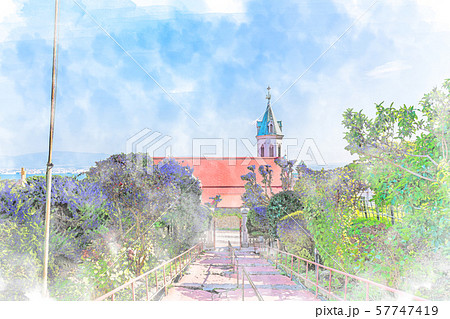 北海道の夏の風景 函館 カトリック元町教会のイラスト素材 [57747419