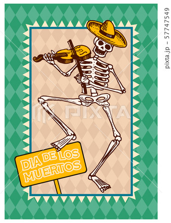 Day of the Dead Posters on a colored background. Skeletons dance and play musical instruments. In Day of the Dead Posters on a colored background. Skeletons dance and play musical instruments. In 57747549