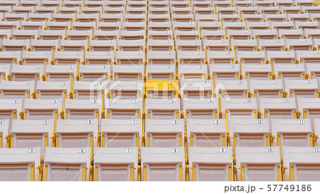 Stadium seat rows in sports arena for football or soccer game, public theatre, concert hall amphitheater with white yellow empty audience chair for outdoor sporty recreational background 57749186