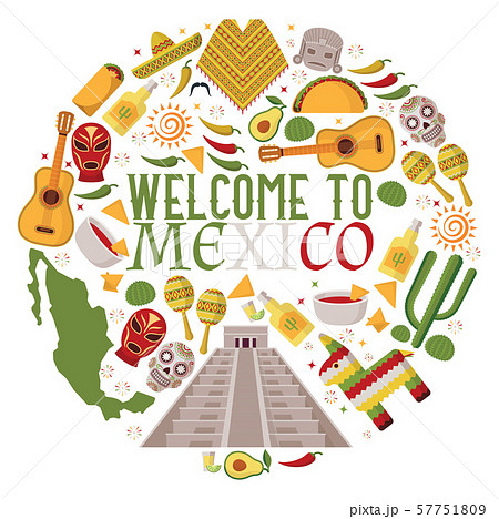 Mexican symbols in round frame composition, vector illustration. Welcome to Mexico sightseeing tour Mexican symbols in round frame composition, vector illustration. Welcome to Mexico sightseeing tour 57751809