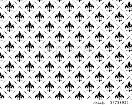 フルールドリスのシームレスパターンイラスト ユリ アヤメ 紋章 白黒の