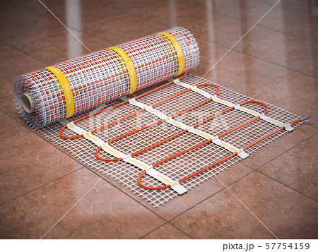 Mat electric floor heating system on kitchen tile 57754159