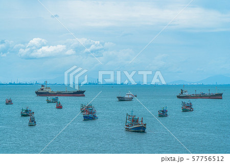 fishing boats and barges moored in Samaesan Bay. fishing boats and barges moored in Samaesan Bay. 57756512