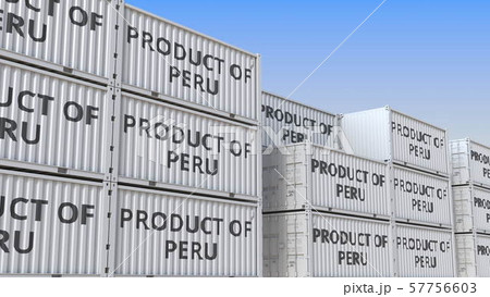 Containers with PRODUCT OF PERU text. Peruvian import or export related 3D rendering 57756603