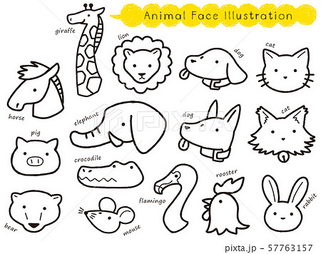 手描き風の動物の顔イラストセットのイラスト素材