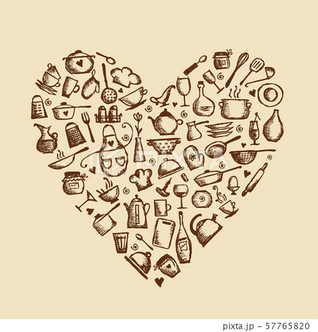 I love cooking! Kitchen utensils sketch, heart I love cooking! Kitchen utensils sketch, heart 57765820