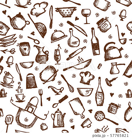 Kitchen utensils sketch, seamless pattern Kitchen utensils sketch, seamless pattern 57765821