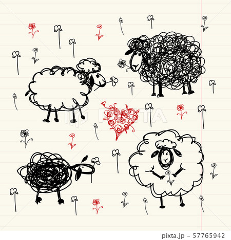 Funny sheeps on meadow, sketch for your design Funny sheeps on meadow, sketch for your design 57765942