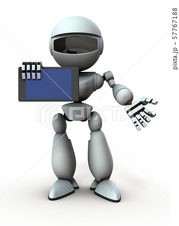 タブレット端末を示して、説明するＡＩロボット 57767188