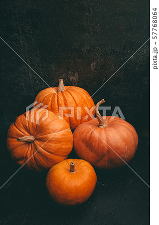 Photo of four orange pumpkins on black background, halloween celebration, space for inscription. Photo of four orange pumpkins on black background, halloween celebration, space for inscription. 57768064