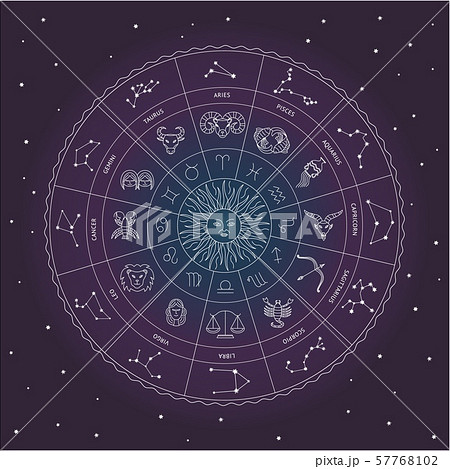 Zodiac circle with star sign drawings and constellations around the Sun 57768102