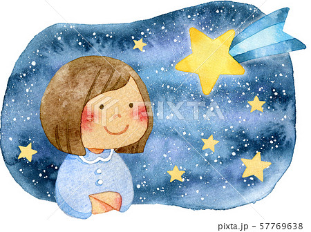 流れ星を見上げる女の子のイラスト素材
