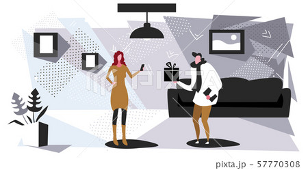 woman receiving wrapped gift box from male courier express delivery service concept modern living 57770308
