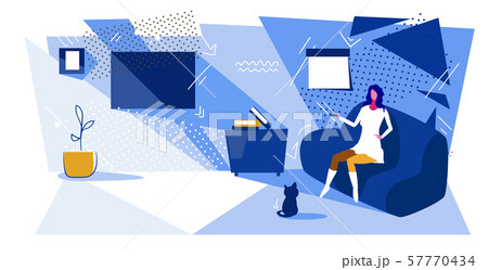 woman sitting on couch watching movie on television girl relaxing having fun at home modern living 57770434