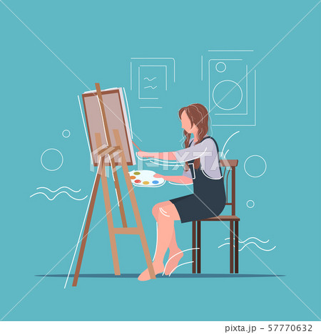 Female Painter Using Paintbrush And Palette のイラスト素材