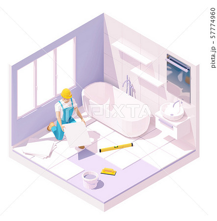 Vector isometric tiler laying tiles Vector isometric tiler laying tiles 57774960