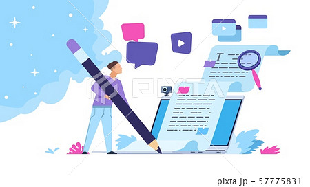 Content writer. Blog articles creation concept with people characters, freelance work business and 57775831