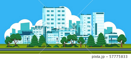 Cartoon panorama city. Park landscape with urban street and houses, cityscape with skyline of office 57775833