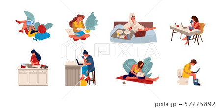 People surfing internet. Flat persons sitting on couch and holding smartphone or working with laptop 57775892