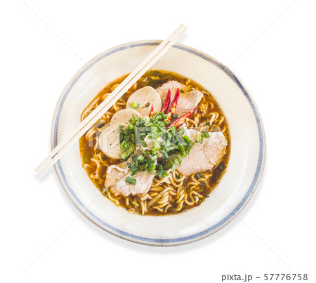 Bowl of noodles with vegetables and pig isolate on Bowl of noodles with vegetables and pig isolate on 57776758