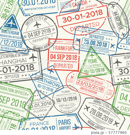 Travel visa airport stamps seamless pattern. Traveling document, vise or passport rubber stamp 57777960