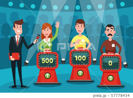 Young people guessing quiz questions. Intellectual game show studio with buttons on stands vector Young people guessing quiz questions. Intellectual game show studio with buttons on stands vector 57778434