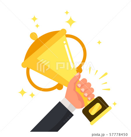 Successful winner holding golden cup in hand. Prize for winning competition, success vector Successful winner holding golden cup in hand. Prize for winning competition, success vector 57778450