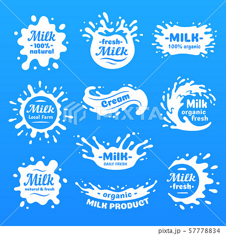 Cow milk splashes with letters. Isolated milks splash for health food store, dairy logo vector label 57778834