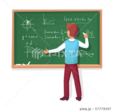 Teacher write on blackboard. School professor teach students, explaining charts formulas graphs on Teacher write on blackboard. School professor teach students, explaining charts formulas graphs on 57779597