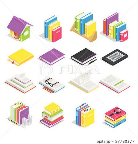 Isometric books. School textbook, book with bookmark and notebook with pen. Stack of textbooks on Isometric books. School textbook, book with bookmark and notebook with pen. Stack of textbooks on 57780377