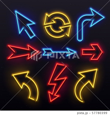 Neon light arrows. Colorful bulb lines arrow. Nightlife tube lights arrowhead pointers. Lamps vivid Neon light arrows. Colorful bulb lines arrow. Nightlife tube lights arrowhead pointers. Lamps vivid 57780399