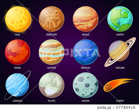 Cartoon solar system planets. Astronomical observatory planet, meteor and star. Astronomy vector 57780416