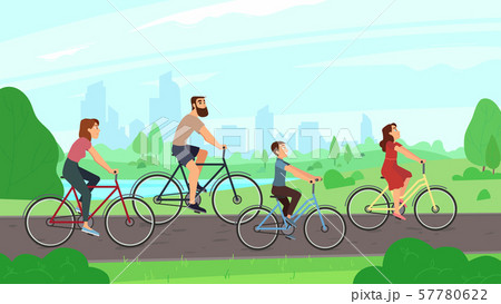 Happy young family riding on bikes at park. Parents and kids ride bicycles. Summer activities and Happy young family riding on bikes at park. Parents and kids ride bicycles. Summer activities and 57780622