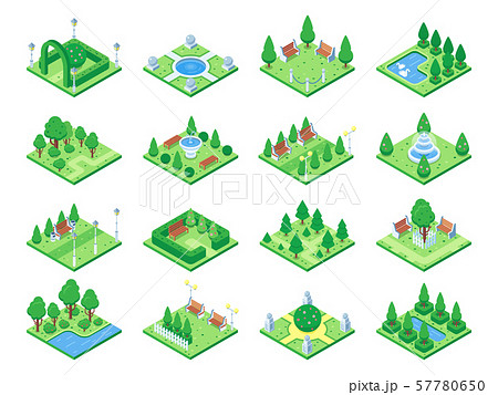 Nature forest elements, plants symbol and green trees for city 3d isometric game map. Isolated park 57780650
