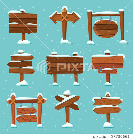 Cartoon snowed signpost. Christmas wooden signpost with snowcap. Arrows on snow and direction signs Cartoon snowed signpost. Christmas wooden signpost with snowcap. Arrows on snow and direction signs 57780661